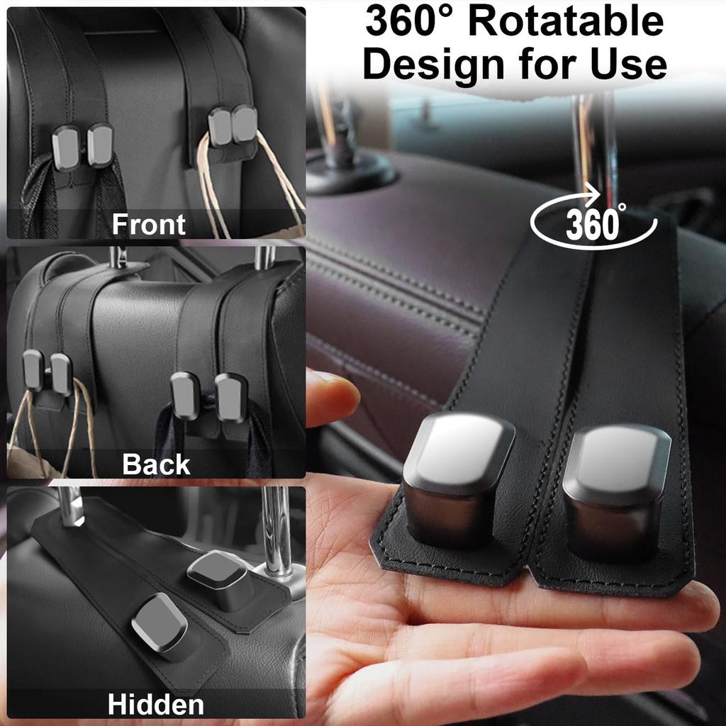 Elegananccy 2 Pack Double Car Seat Headrest Hooks, Leather Car Purse Hanger Holder For Bags, Cars Organizer And Storage Accessories For Women(Black)
