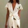 Women's White V-Neck Short Sleeve Floral Print Dress with Bow Tie Waist