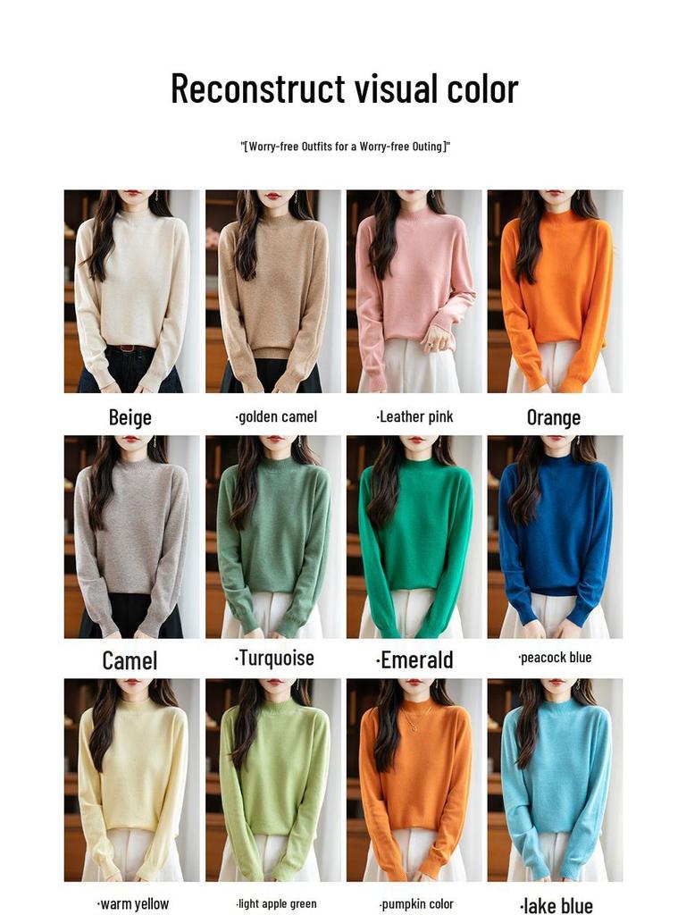 Элегантный осенний бархатный вязаный свитер с полувысоким воротником для женщин - Пуловер с длинным рукавом и свободной посадкой