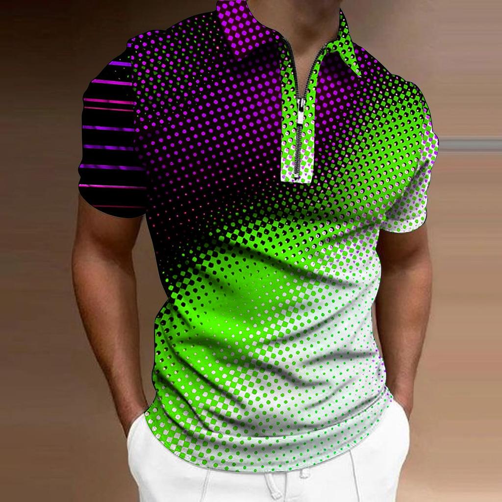 Мужская рубашка-поло, повседневная рубашка на молнии с коротким рукавом, модная повседневная рубашка на молнии на лето и весну, стандартная посадка, рубашка с 3D синим и желтым принтом в горошек