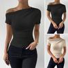 Женская летняя футболка с косым воротником и коротким рукавом, приталенная футболка, однотонный пуловер с боковыми сборками, топы
