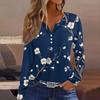 Женская мода, повседневная футболка с цветочным принтом, V-образным вырезом, длинными рукавами и пуговицами, топ с длинными рукавами