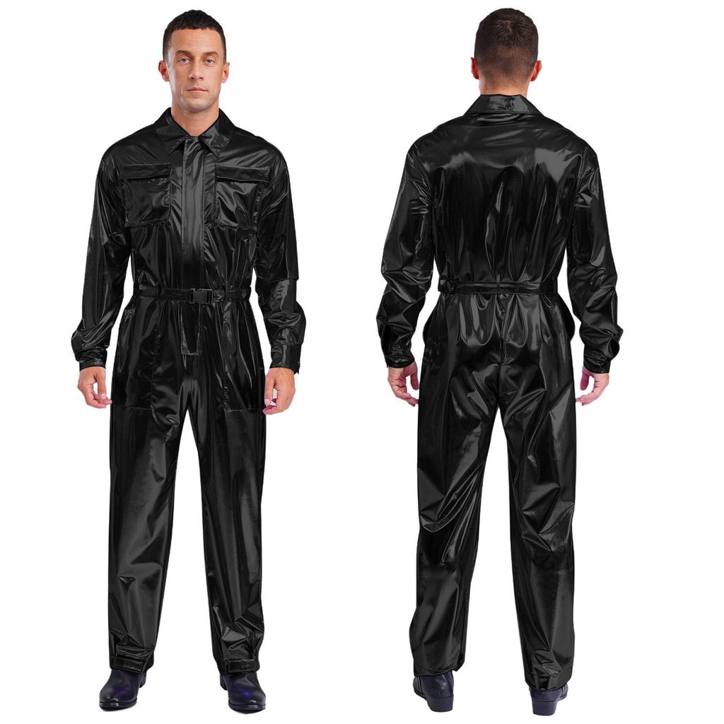 Mens Shiny Metallic Turn Down Collar Long Sleeve High Waist Jumpsuit Halloween Costume