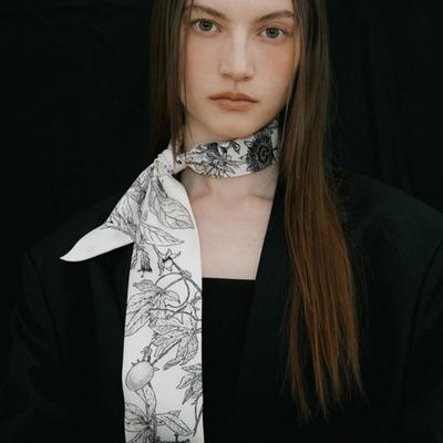 AVVINA PELLE Botanic Garden Long Twilly Silk Scarf - Cream