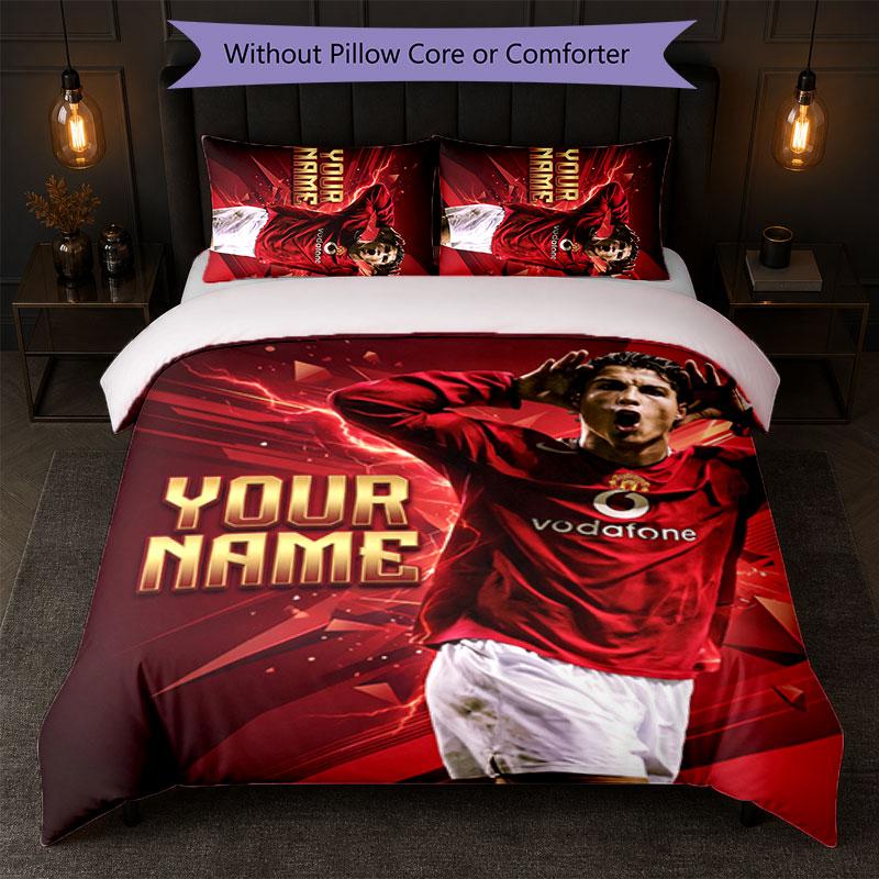 Cristiano Ronaldo Custom Name Text Bedding Set 1 Duvet Cover+2 Pillowcases Soccer Logo Personalized Gift For Special Occasion Bedroom Decor