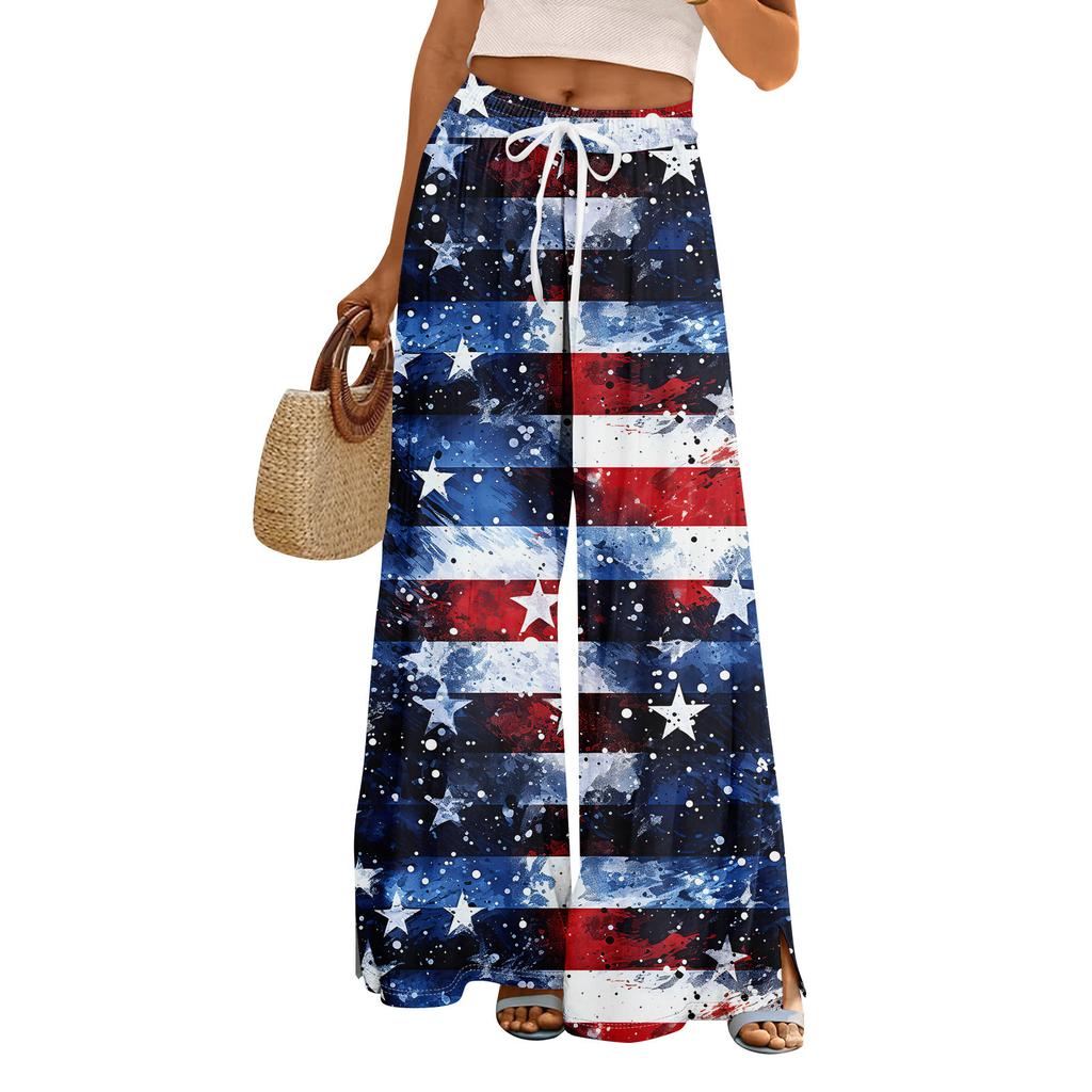 Женские летние брюки-палаццо в стиле бохо с высокой талией, широкие повседневные брюки с принтом и карманами