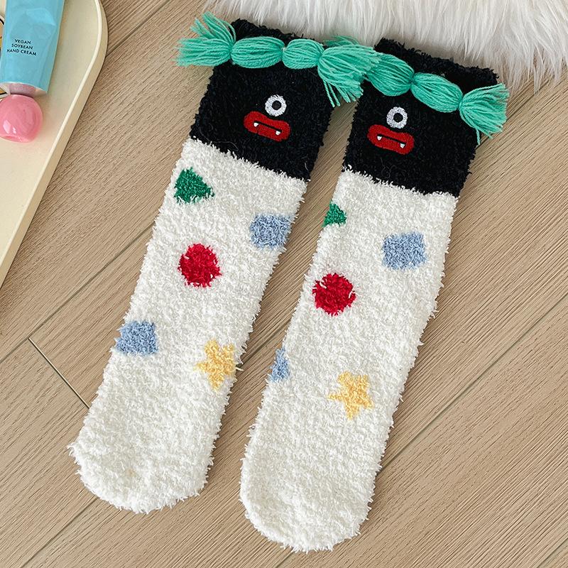 Super Cute Cartoon Socks Medium Tube Socks Season Thickened Warm Coral Fleece Socks Embroidered Expression Floor Sleeping Socks