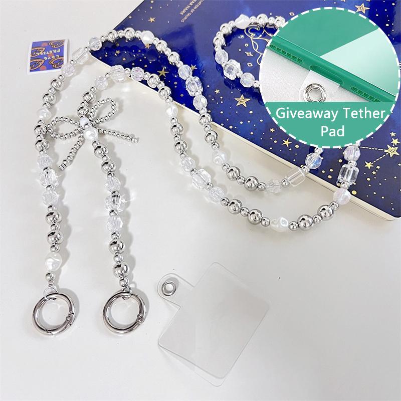 Ремешок для мобильного телефона, шнурок через плечо, бант, серебряные бусины, цепочка для телефона для iPhone, Samsung, Xiaomi, анти-потеря, шейный шнур, подвесной шнур