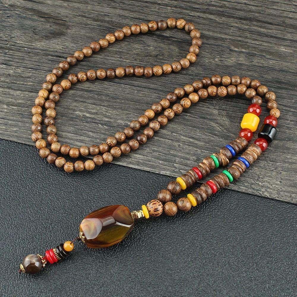Festival Ethnic Jewelry Party Handmade Mala Wood Bead Horn Fish Pendant Buddhist Nepal Necklace