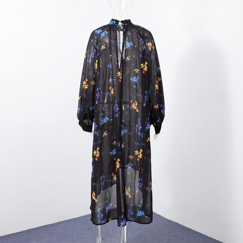 Длинные платья с принтом для женщин, свободные платья с рукавами-фонариками и воротником-стойкой, весна-лето 2025, женское платье для отпуска