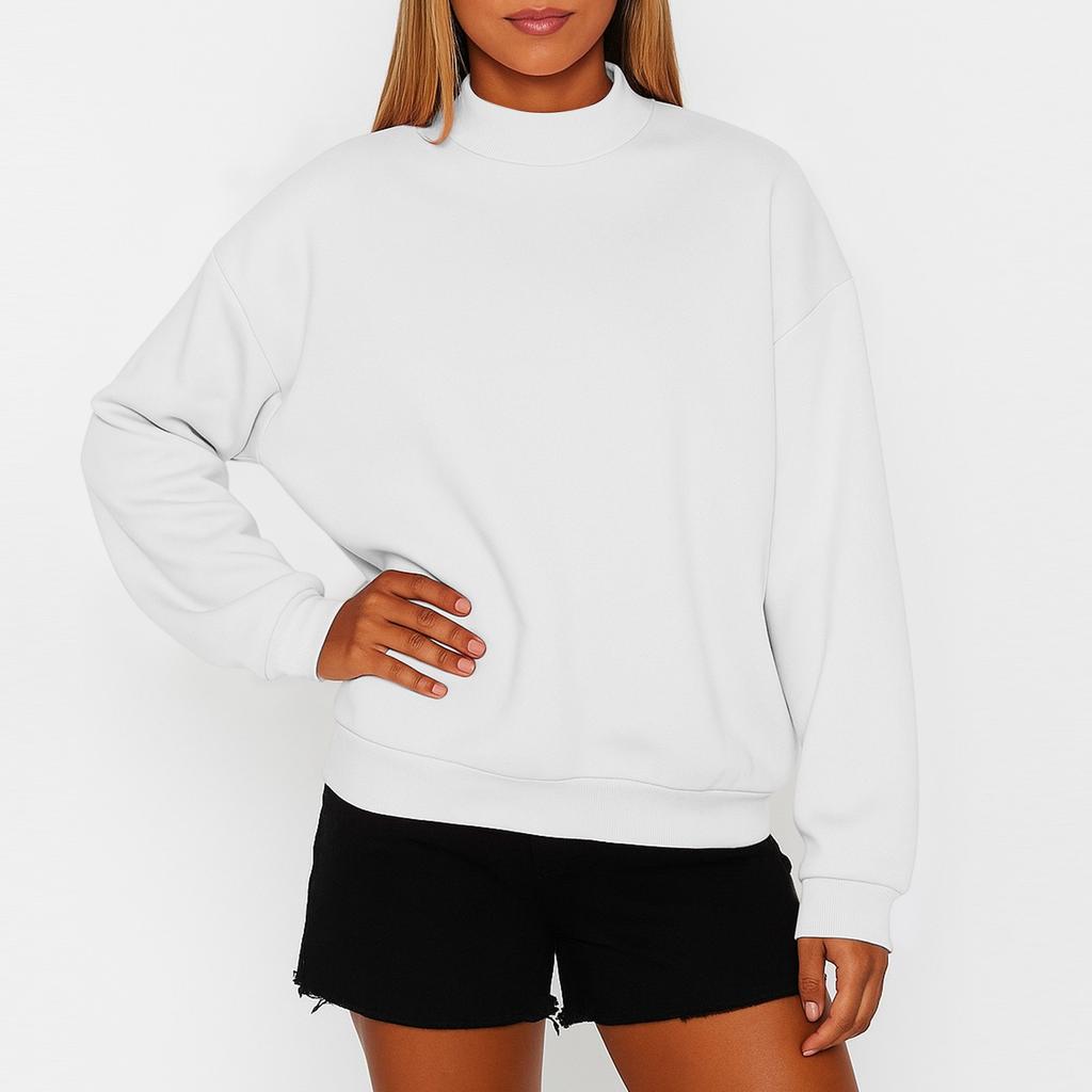 Women's Solid Color Fleece Sweatshirt With A Small High Neck And Loose Fit
