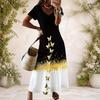 Women Plus Size Black White V Neck Short Sleeve Butterfly Printed Long Dress