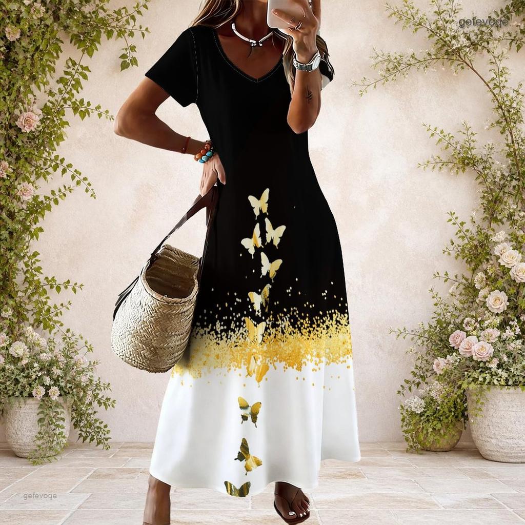 Women Plus Size Black White V Neck Short Sleeve Butterfly Printed Long Dress