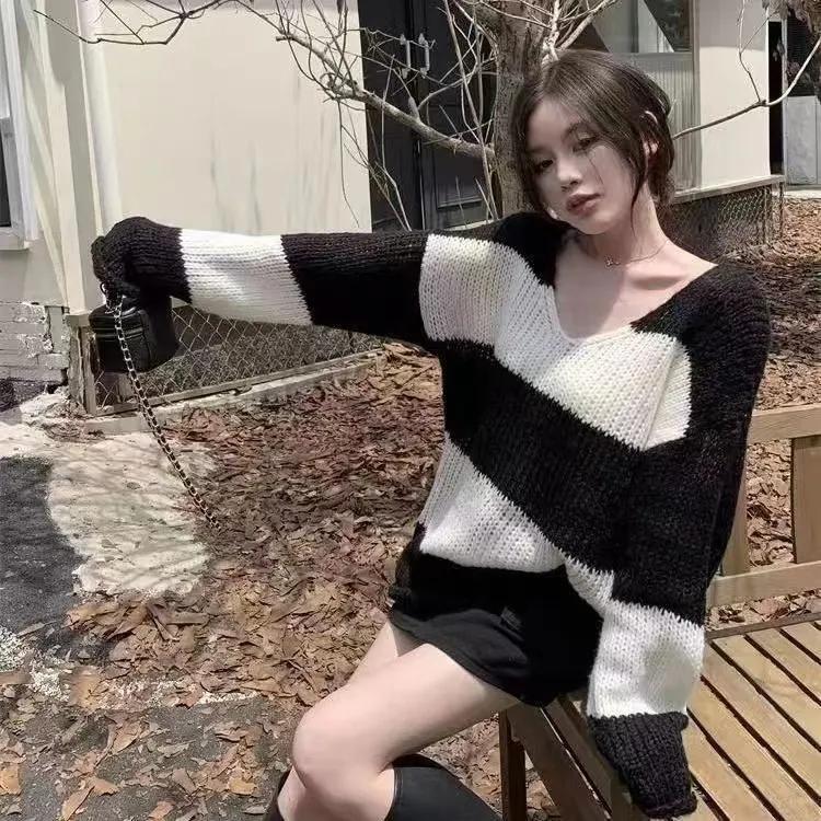 Мужские топы, Свободный трикотаж, Западный стиль, Ленивый стиль, Весенне-осенние тонкие полосатые свитера, Женское лето