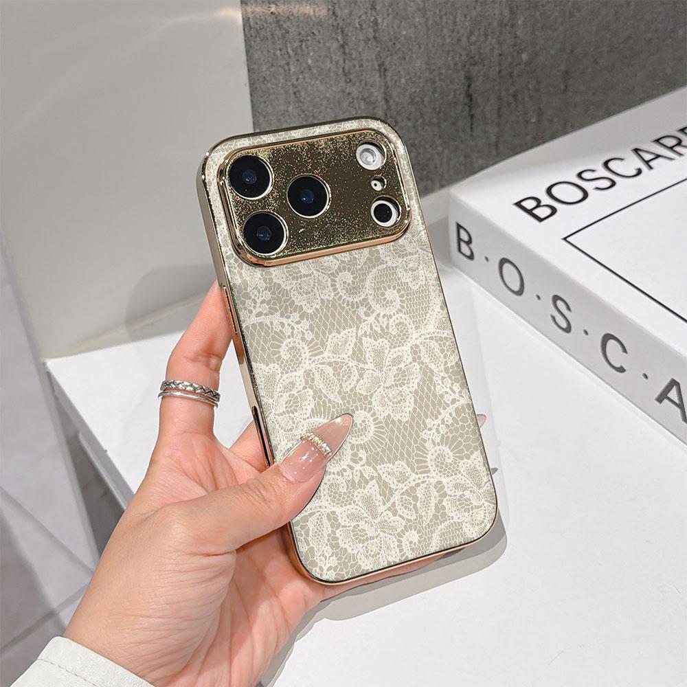 Чехол для телефона 'Счастливый старт' для iPhone 17 16 15 14 13 12 11 Pro Max 16E Золотой гальванизированный стеклянный корпус Чехол 'Кружево цвета слоновой кости'