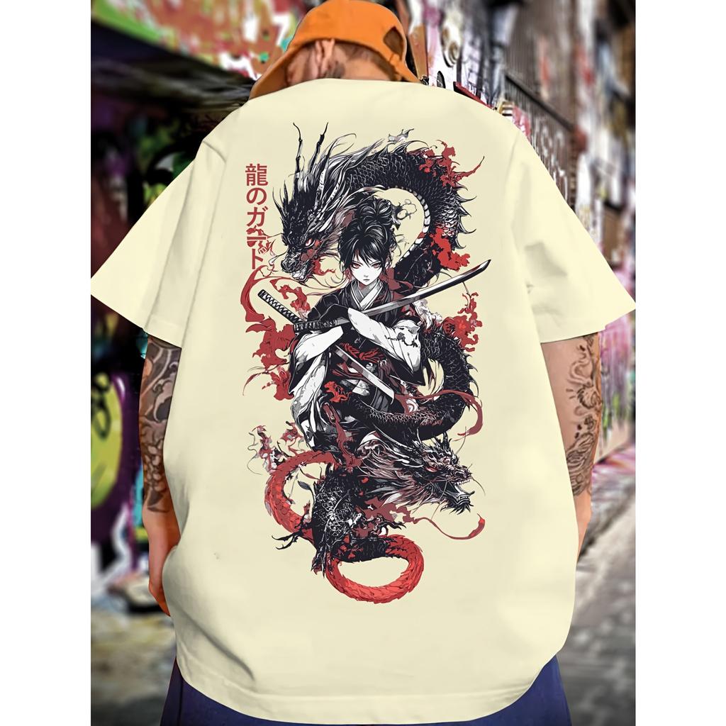Samurai Dragon Graphic Tshirt Unisex Unisex Harajuku Streetwear Aesthetic Tee Casual Cotton Short Sleeve Tops