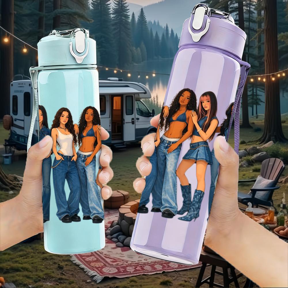 1PC Five Girl Denim Outfit Group 750ml Color Plastic Sports Water Bottle Leakproof Flip Straw Lid Suitable for Sports Office Home Use