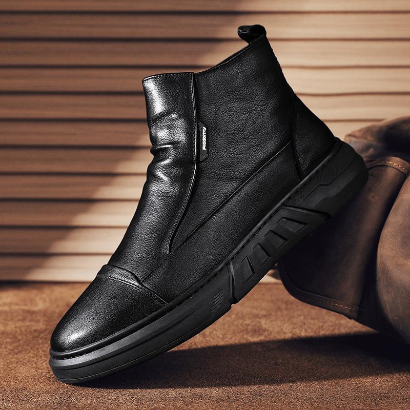 Мужская обувь весна 2025 года, новая кожаная поверхность, водонепроницаемая и износостойкая, боковая молния, черные модные туфли, мужская повседневная обувь с высоким берцем и мягкой подошвой