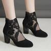 2024 New Fashion Square Root Women's Shoes Back Zipper Ankle Boots Office Boots Women's Floral Lace Pointed Toe Women's Shoes