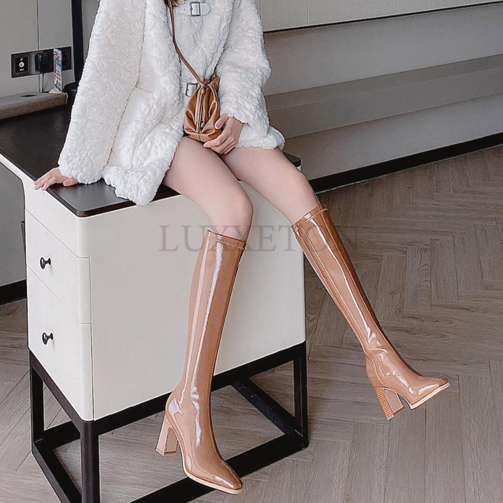 Женская обувь Кожаные зимние сапоги на толстой подошве с толстым каблуком, женские сапоги на высоком каблуке, короткие модные женские сапоги с длинными каблуками
