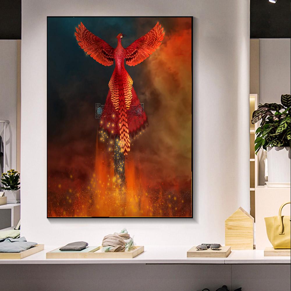 Рамка из цельного дерева Абстрактная картина маслом Феникс Холст Картина Стена Красивая современная благородная птица Художественный принт Плакат Гостиная Домашний декор