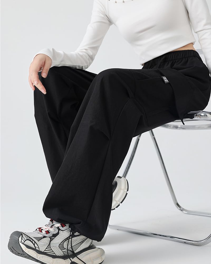 LUJPOIR Длинные брюки-карго с эластичным поясом и свободной посадкой, однотонные, женские, на осень, со шнурком, посадка, повседневные, посадка, цвет, весна, лето, -