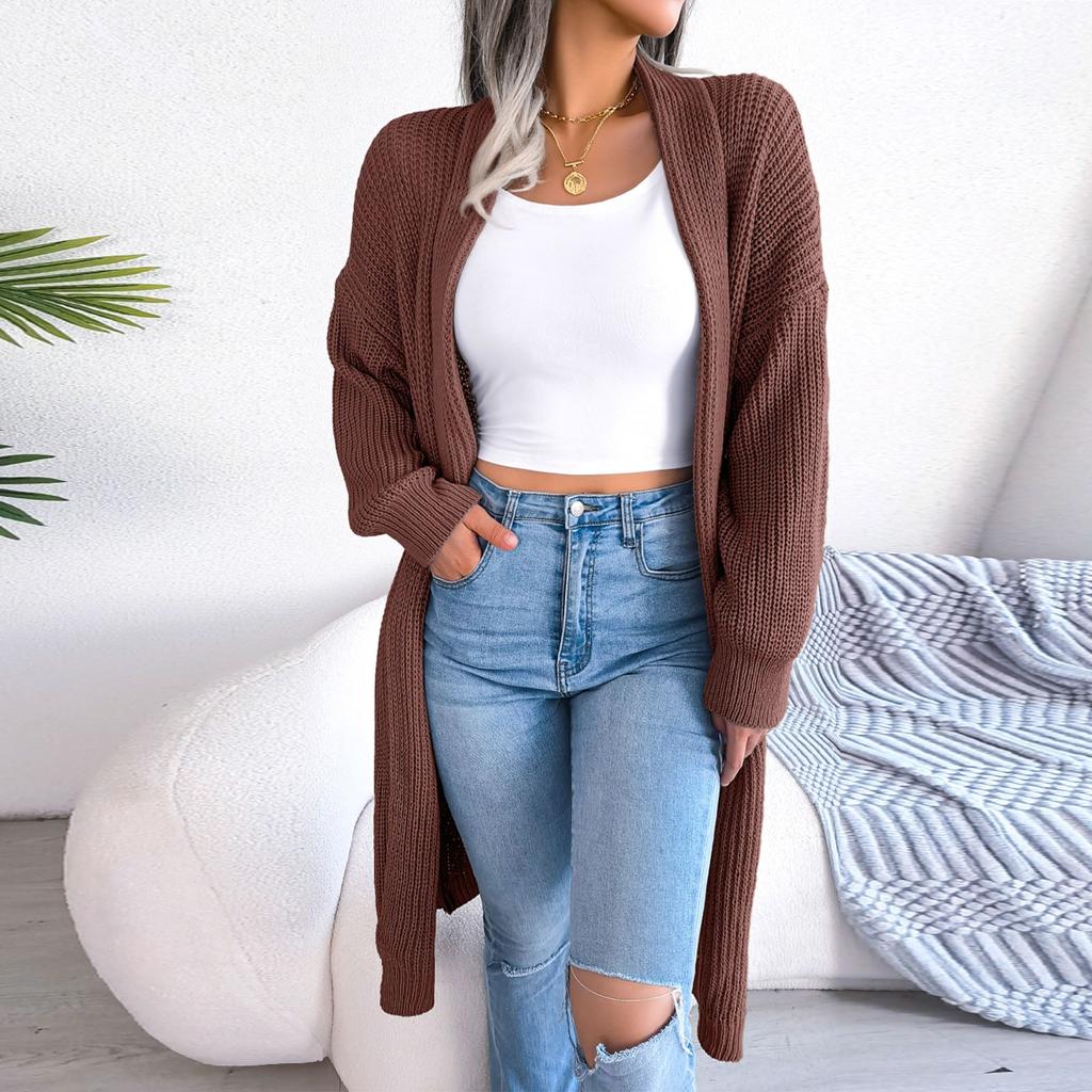 Женский длинный вязаный кардиган с открытой передней частью