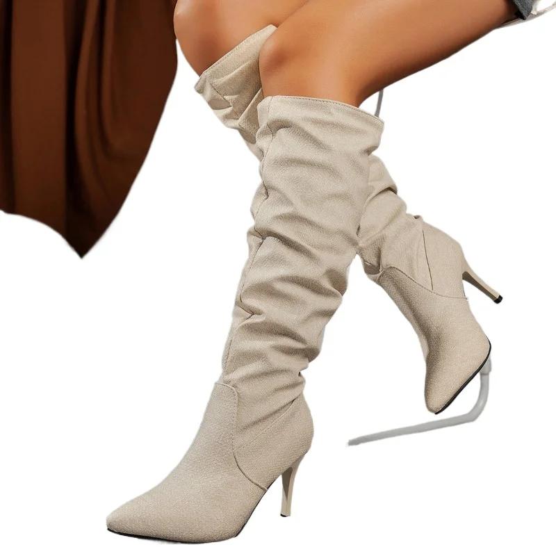 Модные туфли 2024 года, женские сапоги до колена, женские сапоги больших размеров, современные сапоги, женские сшитые, с острым носком, на высоком тонком каблуке, женские туфли