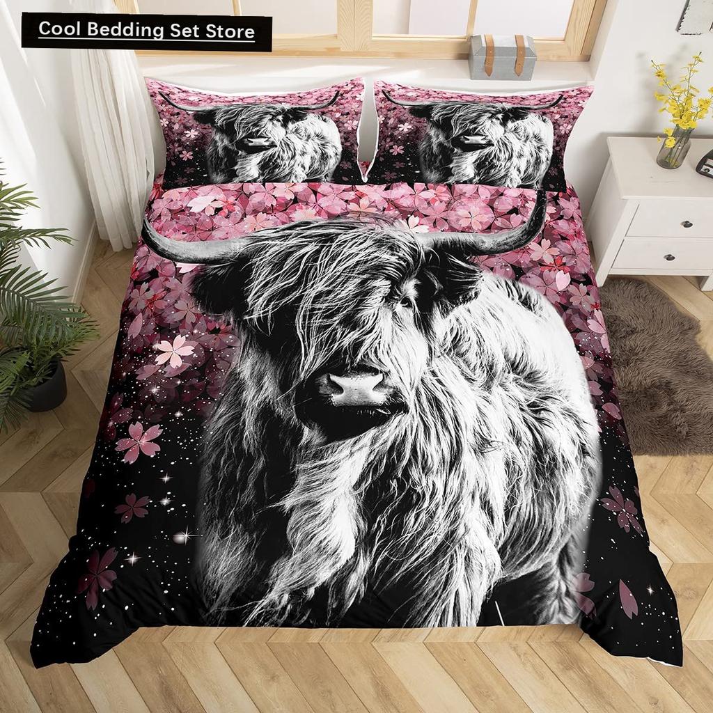 Highland Cow Flower King Queen Duvet Cover Cattle Rose Bedding Set Western Animal Comforter Cover Farmhouse Bull Quilt Cover