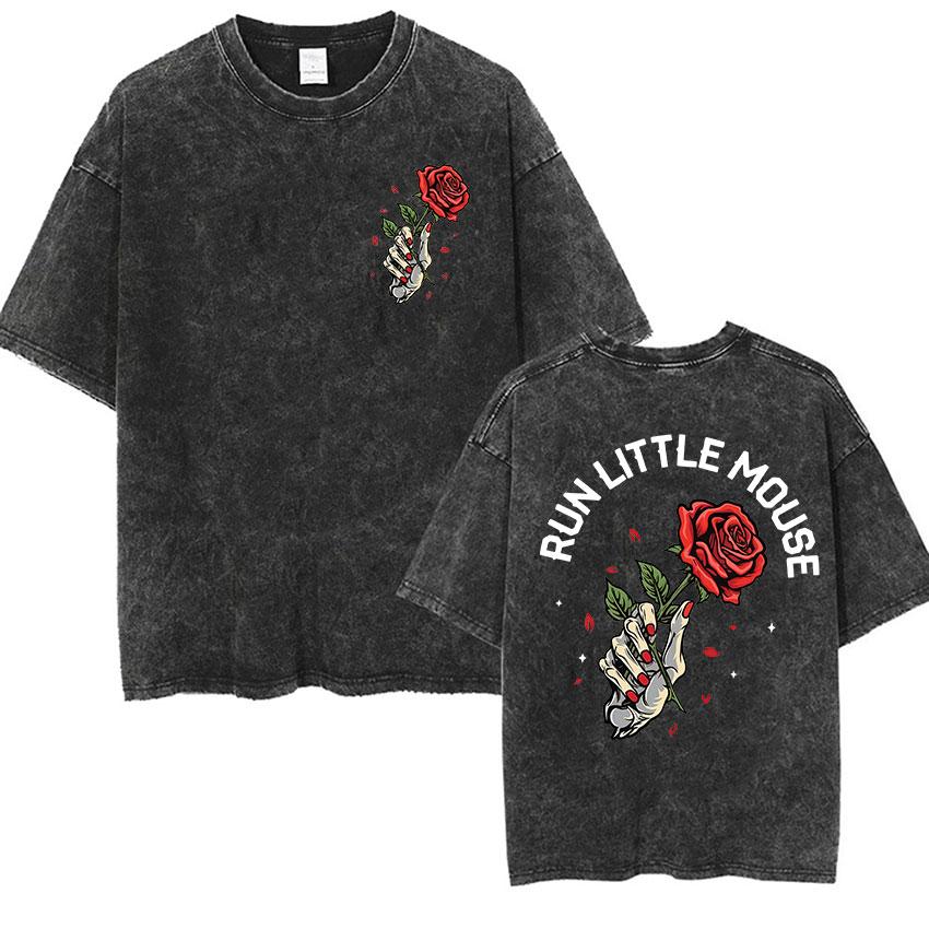 IICYIFY Mens Skull Vintage Washed Tshirts Run Little Mouse Print Short Sleeve Tshirt Yk Unisex Punk Gothic Clothing T Shirt