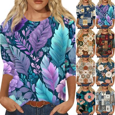 Женская модная повседневная футболка с круглым вырезом и рукавом три четверти, в стиле ретро, с цветочным принтом