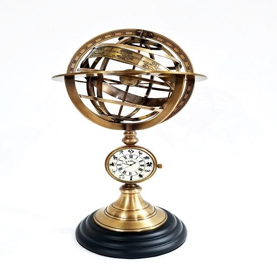 Nautical Brass Armillary Sphere World Globe with Analog Clock Rosewood Base Home Decorative