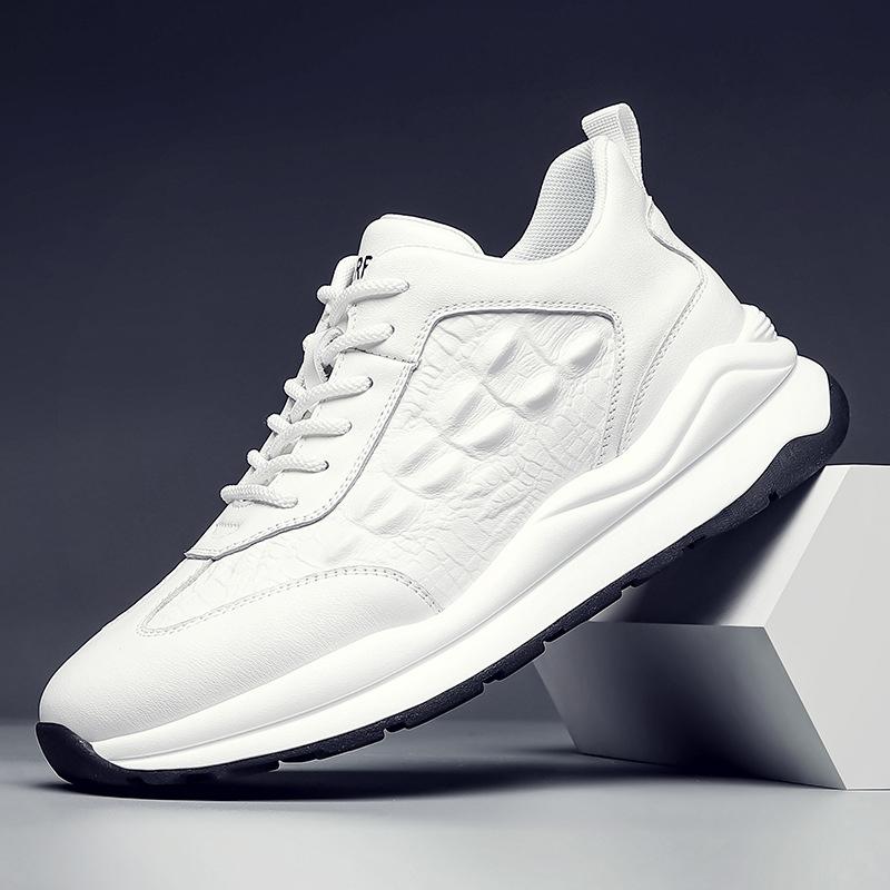 Men White Casual Sneakers Breathable Men Crocodile Pattern Leather Sports Running Shoes Cowhide Leather Comfortable Tennis Shoes