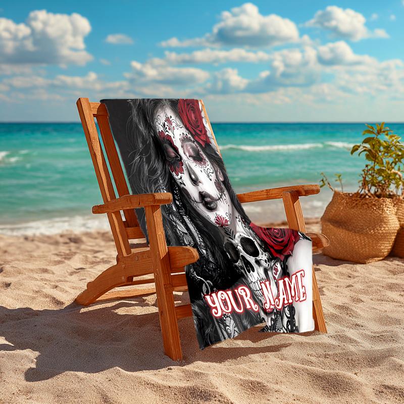 1PC Custom Name Day Dead Art Beach Towel Highly Absorbent And Sand-Resistant Towel for Swimming, Pool, Yoga, And Travel Lightweight