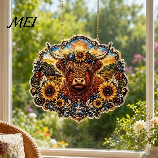 Modern Decorative Pendant Highland Cow Diamond Art Hanging Ornament, Sunflowers Decor, Creative Fine Workmanship Aesthetic Ornament for Home