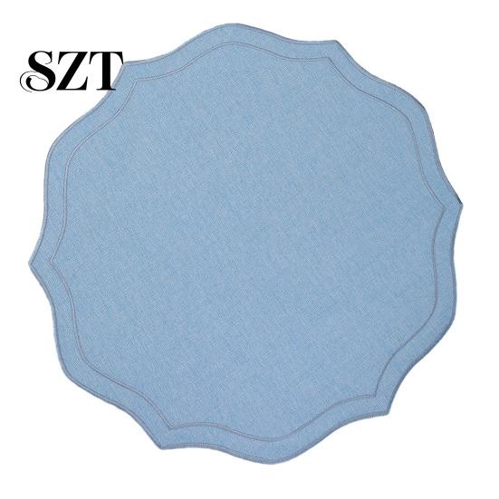 Embroidery Placemat Linen Placemats with Overlocking Dining Durable Wavy Edge Anti-Slip Table Protector for Hotel Restaurant Kitchen Non-fray