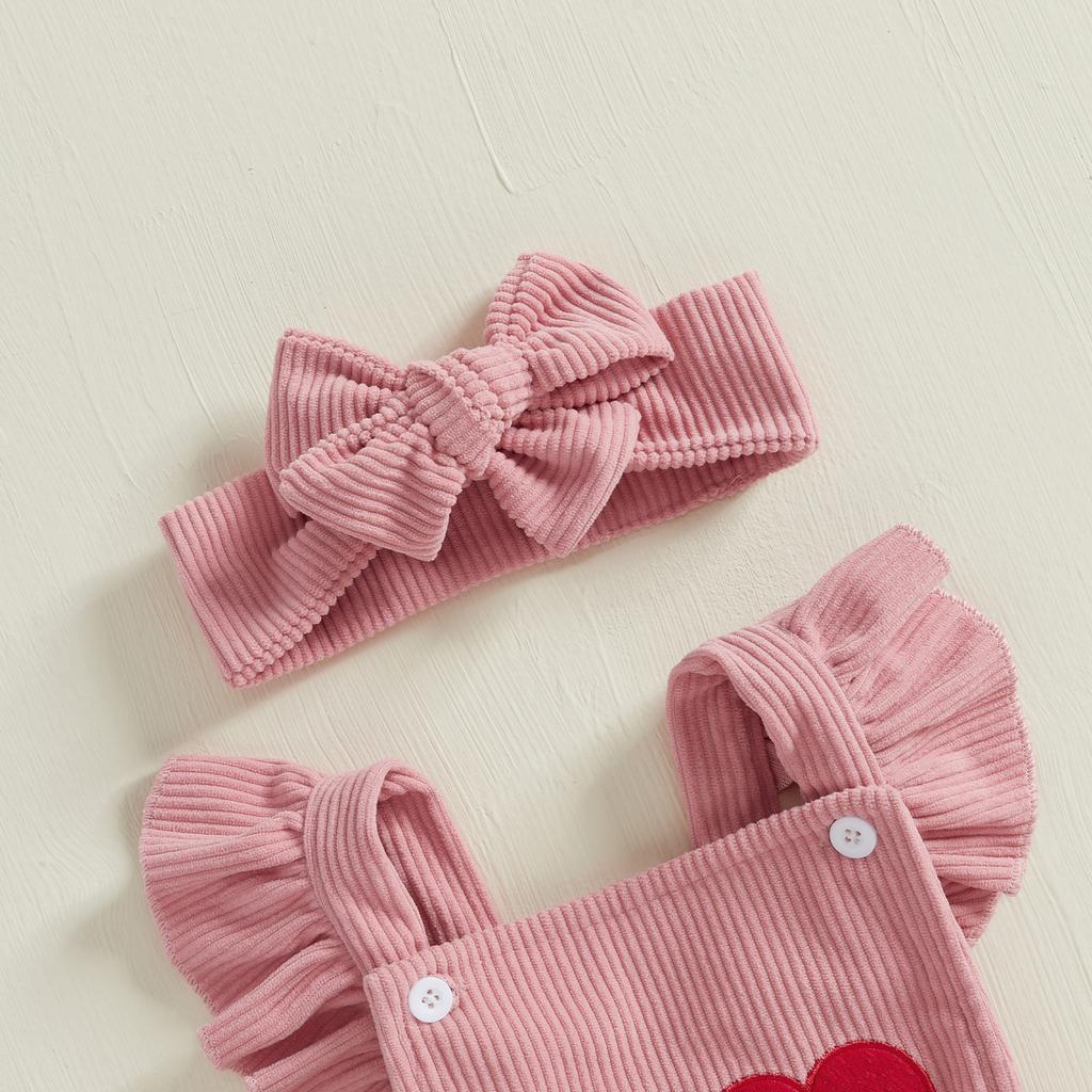 Baby Girl Romper Overalls Casual Valentine's Day Letter Embroidery Jumpsuit and Headband Set Fashion Clothes Outfits