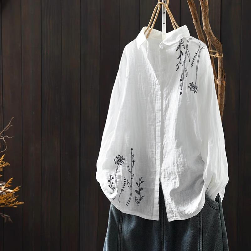 Women Loose Long Sleeve Slimming Trendy Spring Autumn Ladies Shirt Retro Embroidered Flower Cotton Linen Shirt