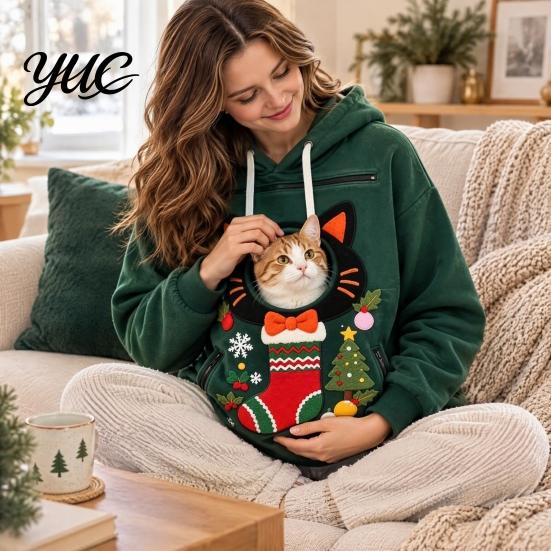 Cat Carrying Sweatshirt Unisex Pet Pouch Christmas Hoodie, Cute Dog Carrier Hooded with Cozy Fleece Pocket Graphic, Lined Animal Holder Pullover Top