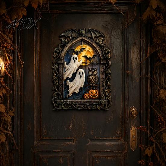 Personalized Holiday Ornaments Gothic Ghost Metal Wall Art, Vintage Bat Pumpkin Owl Spooky Entrance Decorations Hanging Sign for Living Room