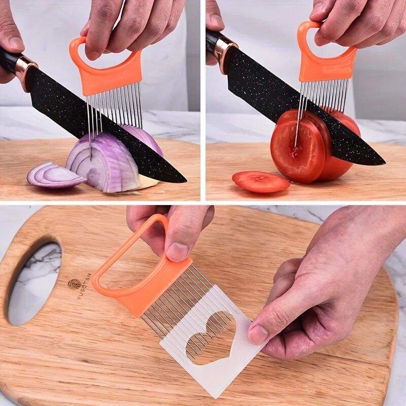 1 шт., луковая игла из нержавеющей стали, луковая вилка, овощерезка для фруктов, резак для томатов, безопасный держатель, кухонные аксессуары, инструменты