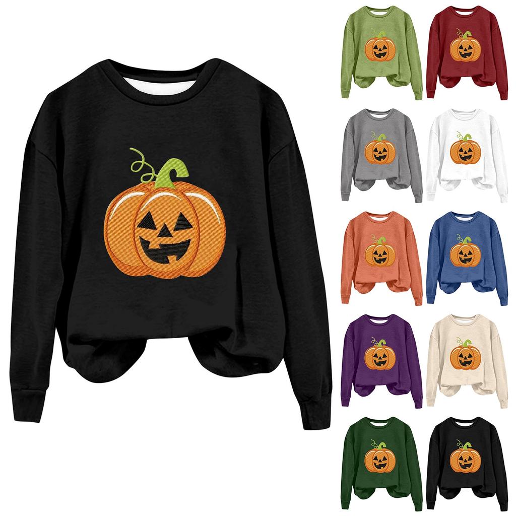 Женская мода Хэллоуин с длинным рукавом с принтом Свободная толстовка с круглым вырезом Топ