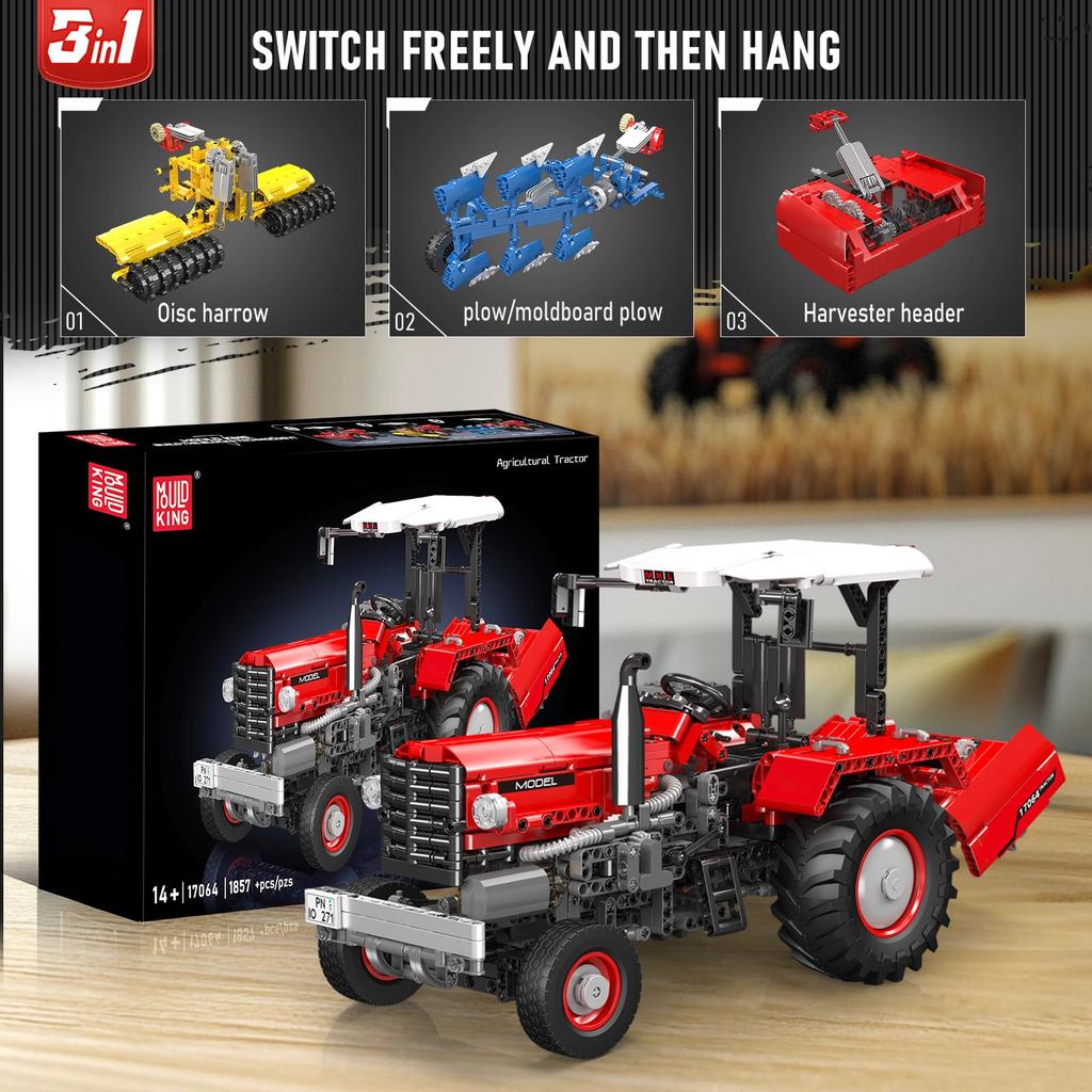 Mould King 17064 Farm Tractor Model Building Block Kit, Remote Control High-Tech 3-in-1 Tractor Model Heavy-Duty Forklift Building Block Kit (Over