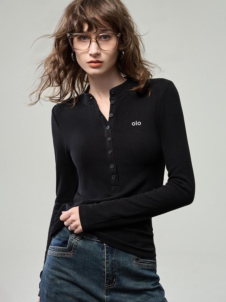 Women's Brushed Button Henley Long Sleeve T-Shirt - Autumn 2025 Print Slim Base Layer Top