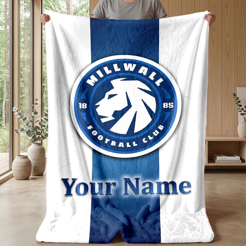 Millwall Custom Name Text Flannel Blanket Soccer Logo Personalized Fleece Throw Blanket Special Gift For Sofa Bedroom Home