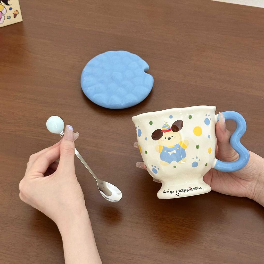 Милый кролик в горошек Креативная мультяшная керамическая кружка высокой ценности с крышкой и ложкой Подарок на день рождения для девочек