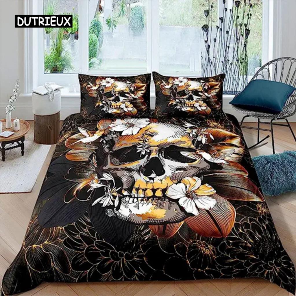 Sugar Skull Duvet Cover Teen Girl Bedding Set Sugar Skull Decor Bedding Skull Skeleton Roses Floral Print Duvet Cover Decorative