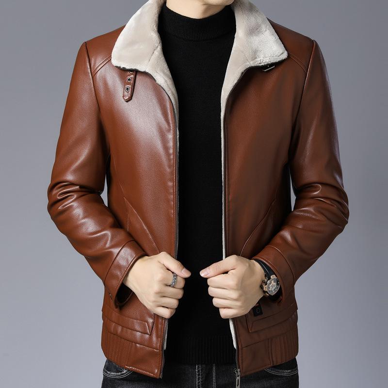 A New Winter Men's Casual Long-sleeved Leather Coat, Fashionable Lapel Trend Coat, Thickened and Warm