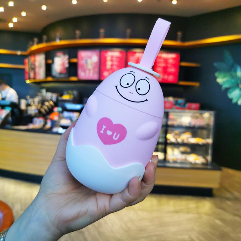Cartoon Egg Pig Shaped Water Bottle With Rope Glass Liner Cute Kids Girls Drink Bottle 290ML