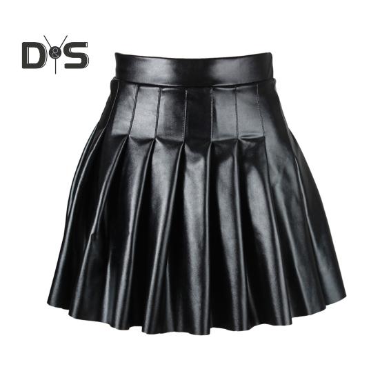 Женская плиссированная юбка из искусственной кожи с высокой талией, свободный подол, однотонная клубная одежда, юбка для вечеринок и танцев, мини-юбка длиной выше колена